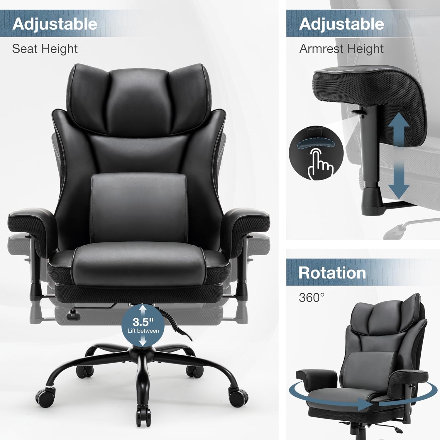 BOSMILLER Big and Tall Office Chair, 500lbs Rocking Massage High Back Desk Chair, Ergonomic Executive Office Chair with Adjustable Padded Armrest and Lumbar Support, Adjustable Height(Dark Black)