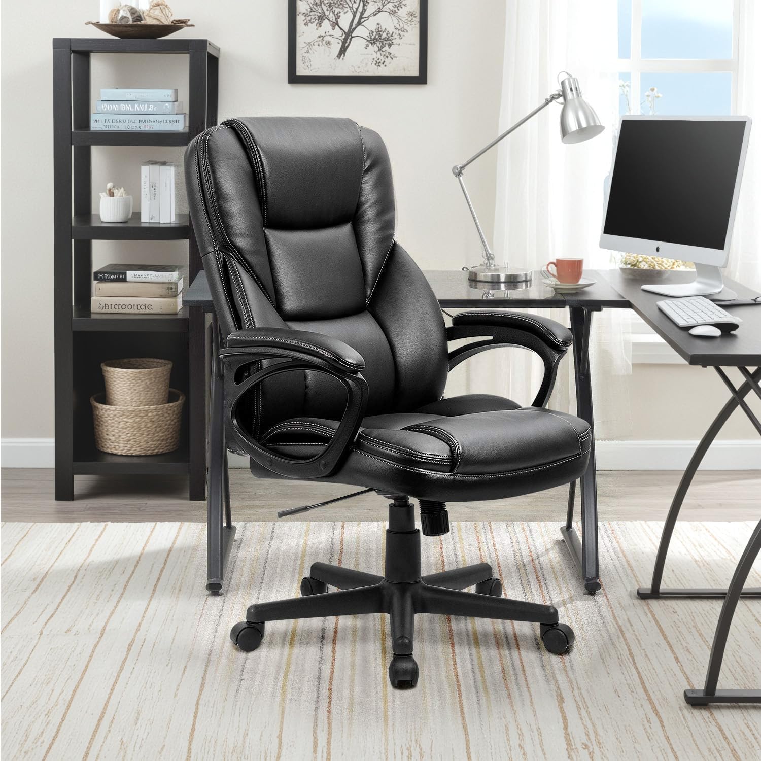 Furmax Office Executive Chair High Back Adjustable Managerial Home Desk Chair, Swivel Computer PU Leather Chair with Lumbar Support (Black)
