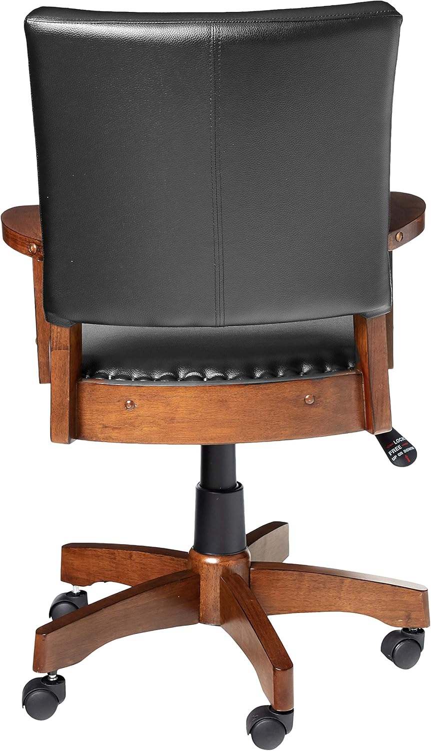 OSP Home Furnishings Deluxe Wood Banker's Chair with Antique Bronze Nailheads and Medium Brown Wood, Black Faux Leather