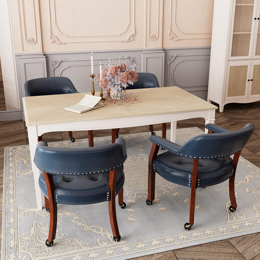 LEEMTORIG Large Dining Chairs with Casters and Arms, Rolling Dining Chairs with Wheels, Solid Wood Boss Caption's Chairs Office Desk Chairs, 26"D x 25.2"W x 31.5"H, Cherry Legs & Blue PU SY-1533-LB