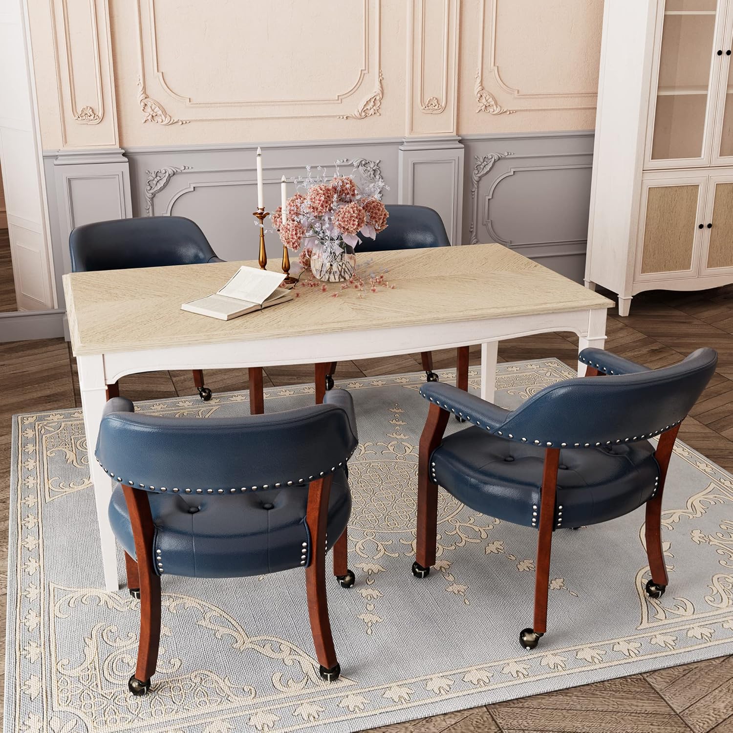 LEEMTORIG Large Dining Chairs with Casters and Arms, Rolling Dining Chairs with Wheels, Solid Wood Boss Caption's Chairs Office Desk Chairs, 26"D x 25.2"W x 31.5"H, Cherry Legs & Blue PU SY-1533-LB